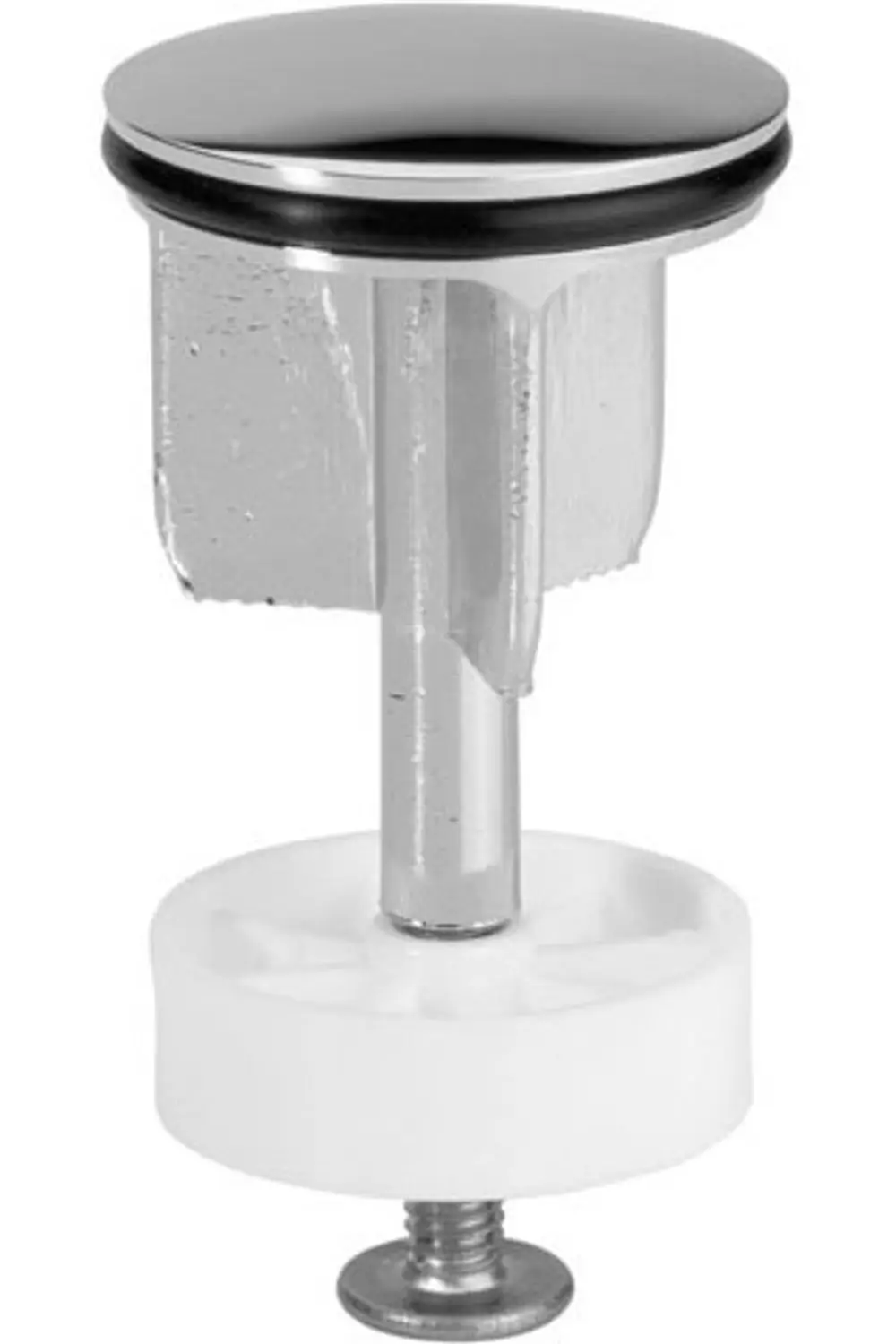 Ablaufstopfen in Silber mit einer weißen Unterlage und einem integrierten Schraubmechanismus. Ideal Standard Produkt für zuverlässige Abdichtung in sanitären Einrichtungen.